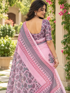 Pastel Pink Botanical Printed Linen Saree