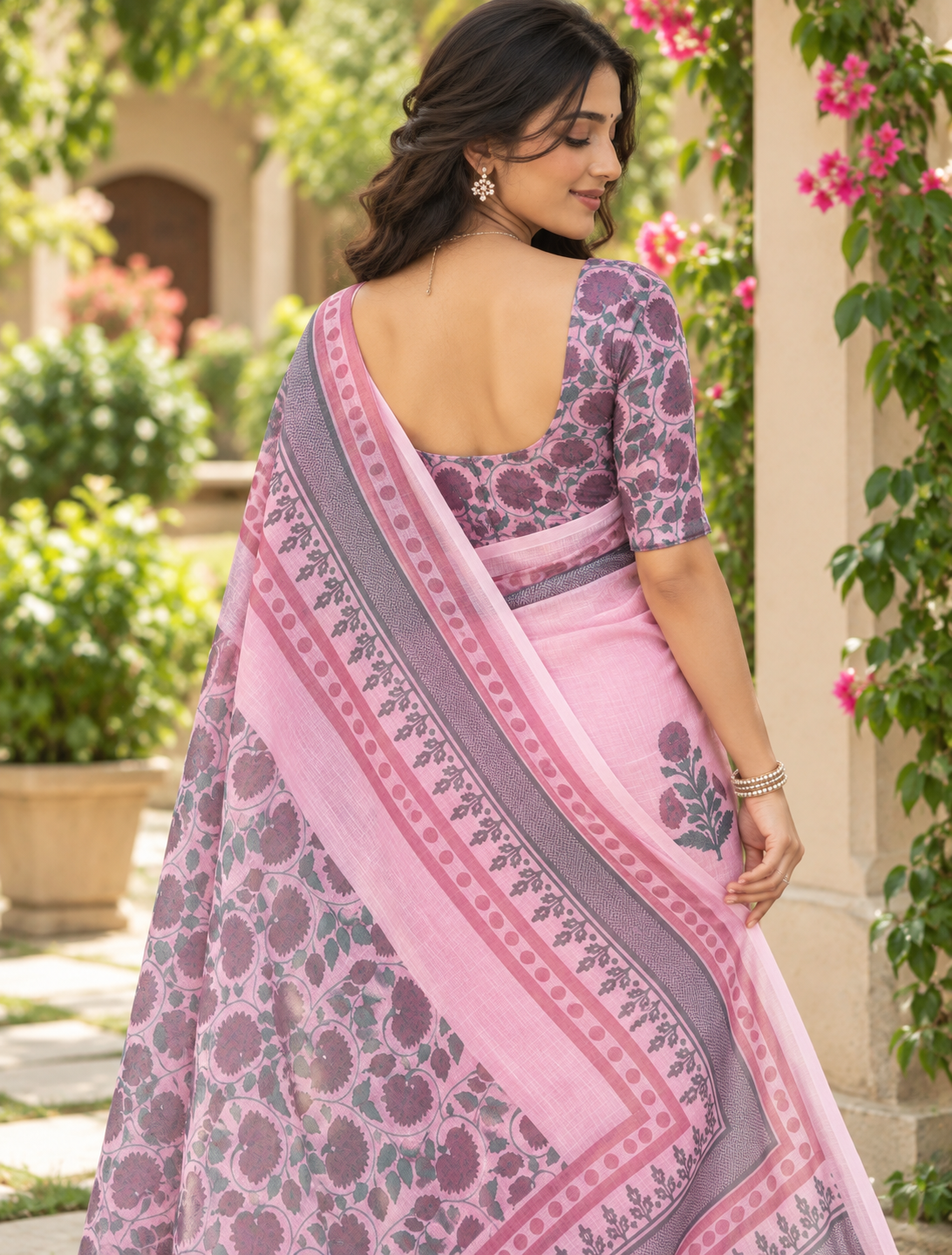 Pastel Pink Botanical Printed Linen Saree
