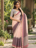 Peach Floral Block Printed Linen Saree