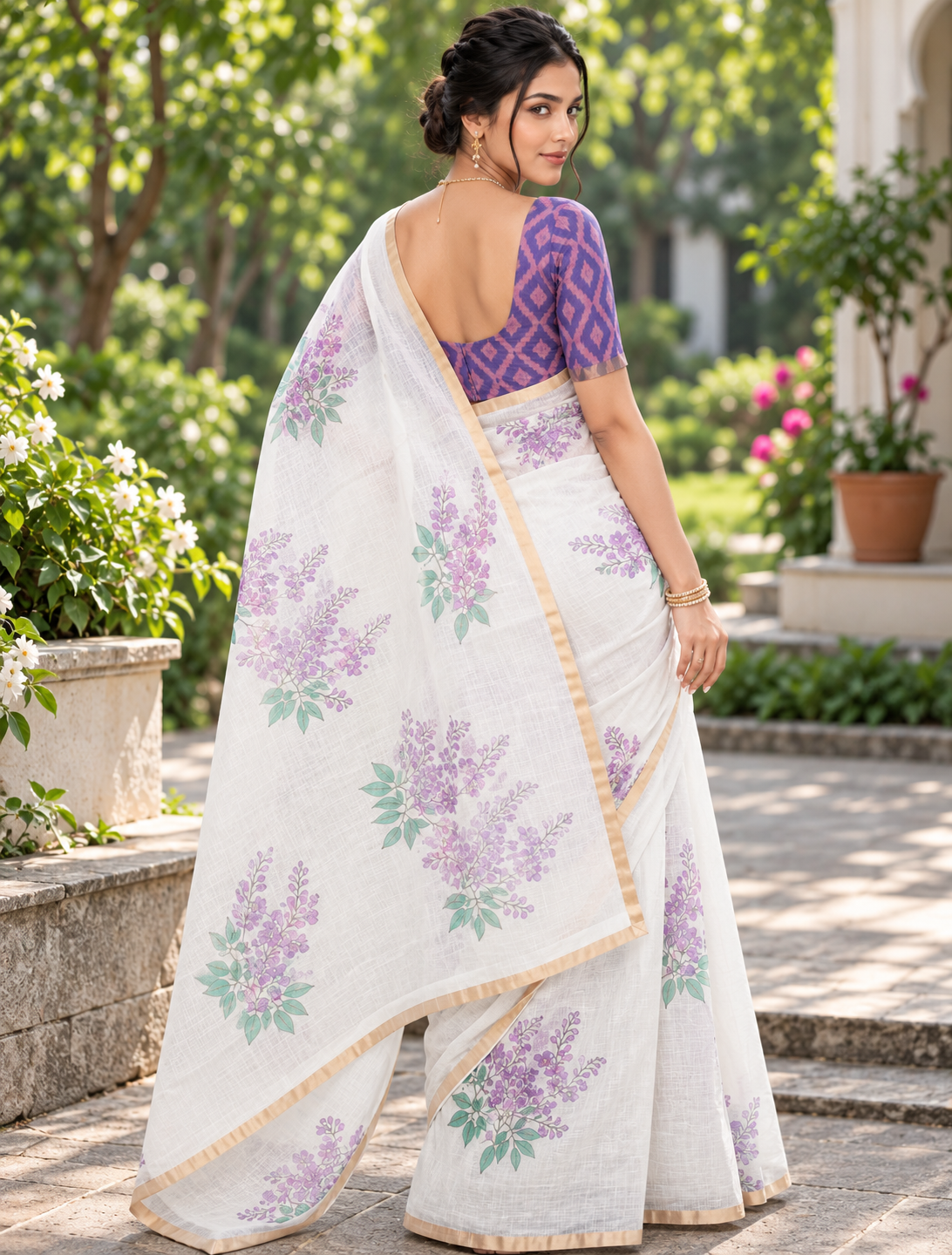 Off-White Lavender Floral Printed Linen Saree