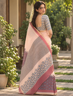 Peach Floral Block Printed Linen Saree
