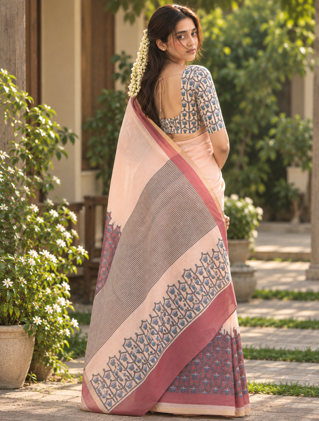 Peach Floral Block Printed Linen Saree