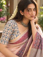 Peach Floral Block Printed Linen Saree