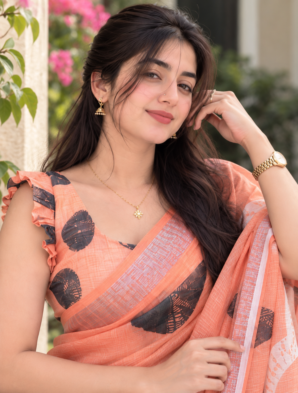 Tangerine Peach Half-Moon Shibori Motif Linen Saree