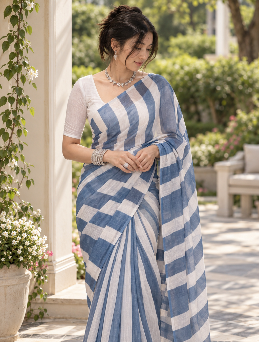 Dusty Blue & White Bold Chevron Striped Linen Saree