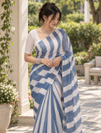 Dusty Blue & White Bold Chevron Striped Linen Saree