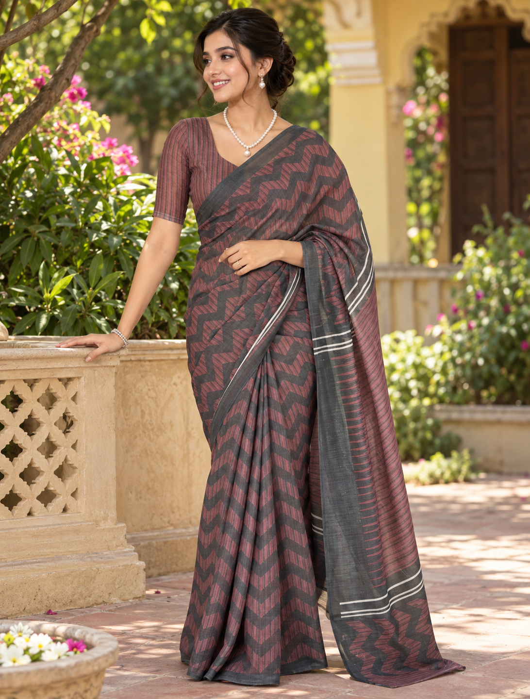 Charcoal Black & Maroon Herringbone Zigzag Linen Saree