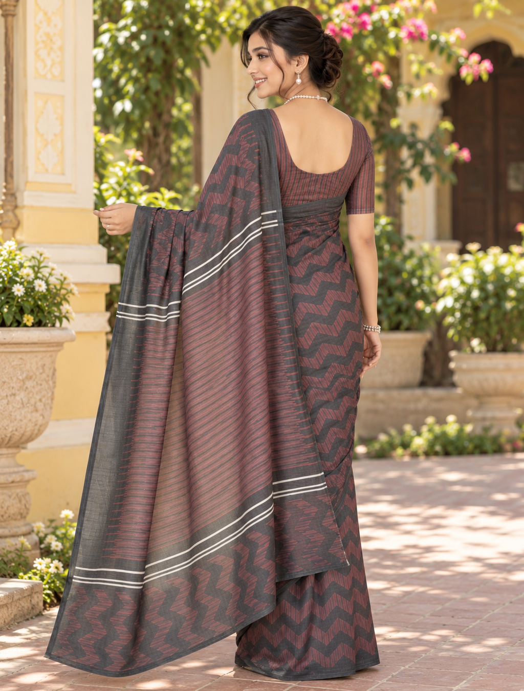 Charcoal Black & Maroon Herringbone Zigzag Linen Saree