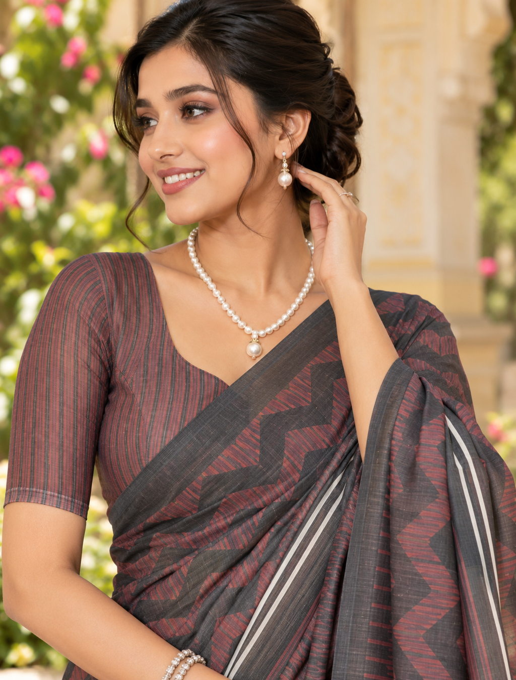 Charcoal Black & Maroon Herringbone Zigzag Linen Saree