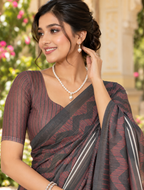 Charcoal Black & Maroon Herringbone Zigzag Linen Saree