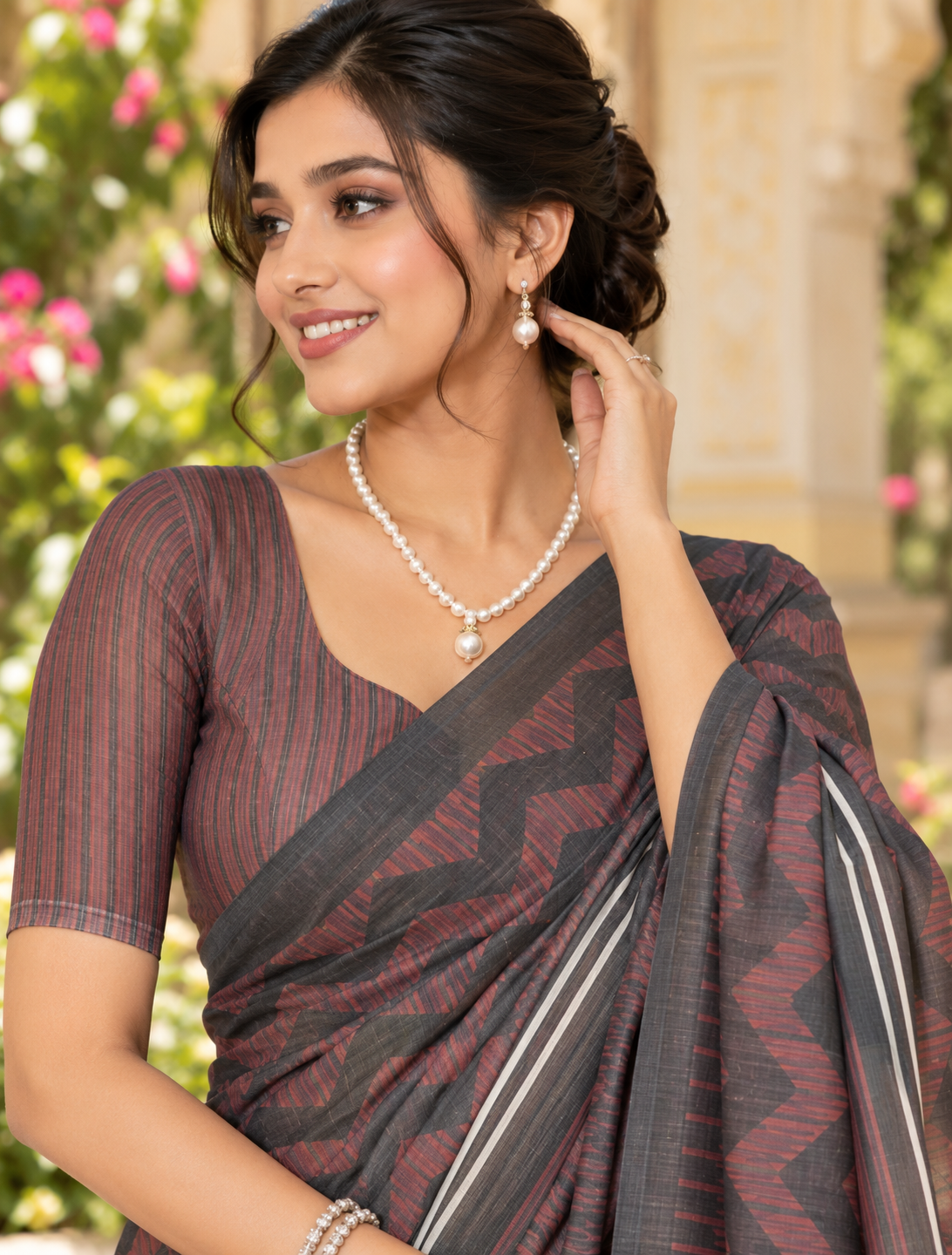 Charcoal Black & Maroon Herringbone Zigzag Linen Saree