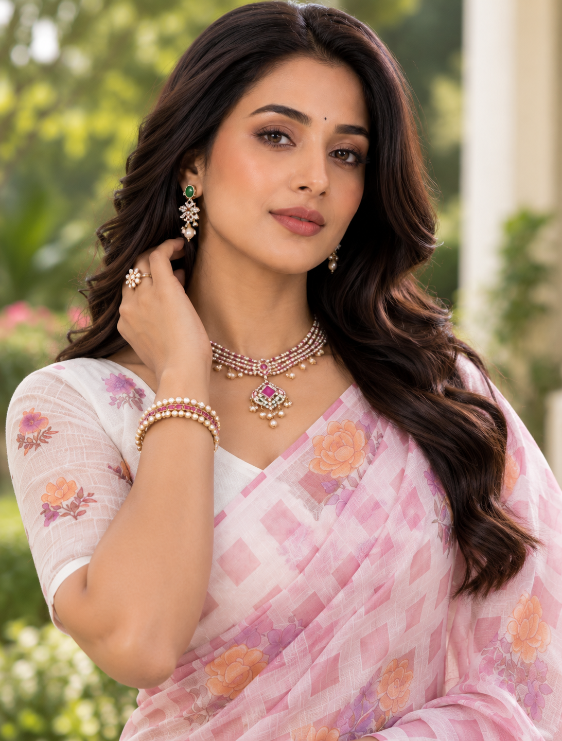 Blush Pink Buffalo Check Floral Bloom Linen Saree