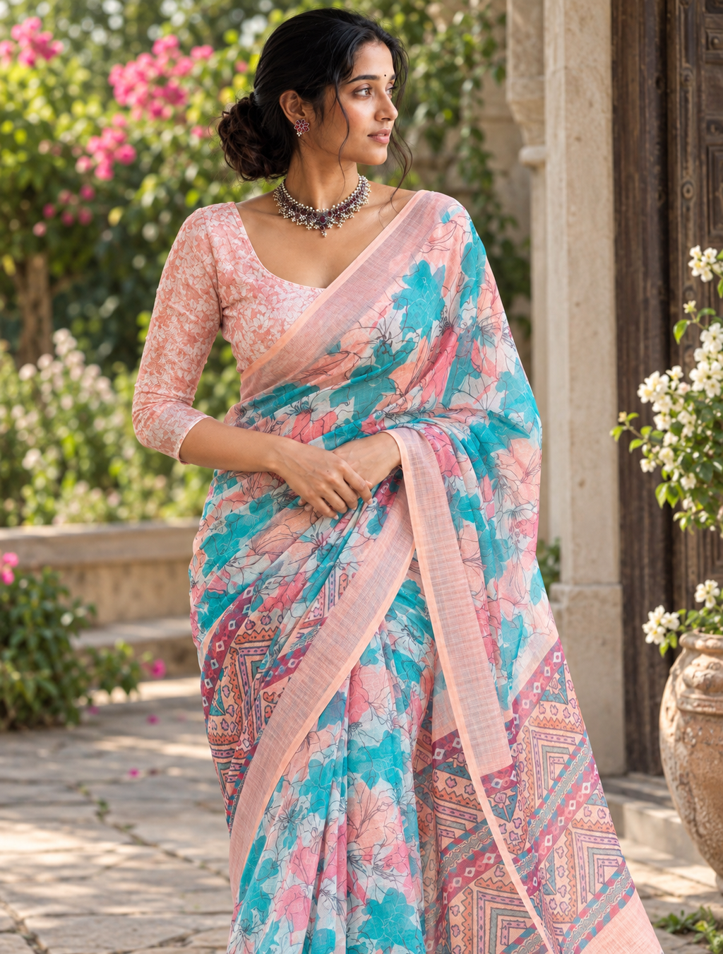 Turquoise Aqua & Peach Floral Geometric Linen Saree