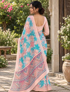Turquoise Aqua & Peach Floral Geometric Linen Saree