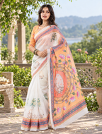 Ivory White Pichwai Kamdhenu & Lotus Linen Saree