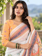 Ivory White Pichwai Kamdhenu & Lotus Linen Saree