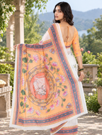 Ivory White Pichwai Kamdhenu & Lotus Linen Saree