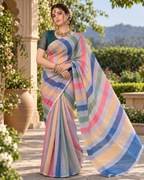 Multicolor Pastel Rainbow Striped Linen Saree