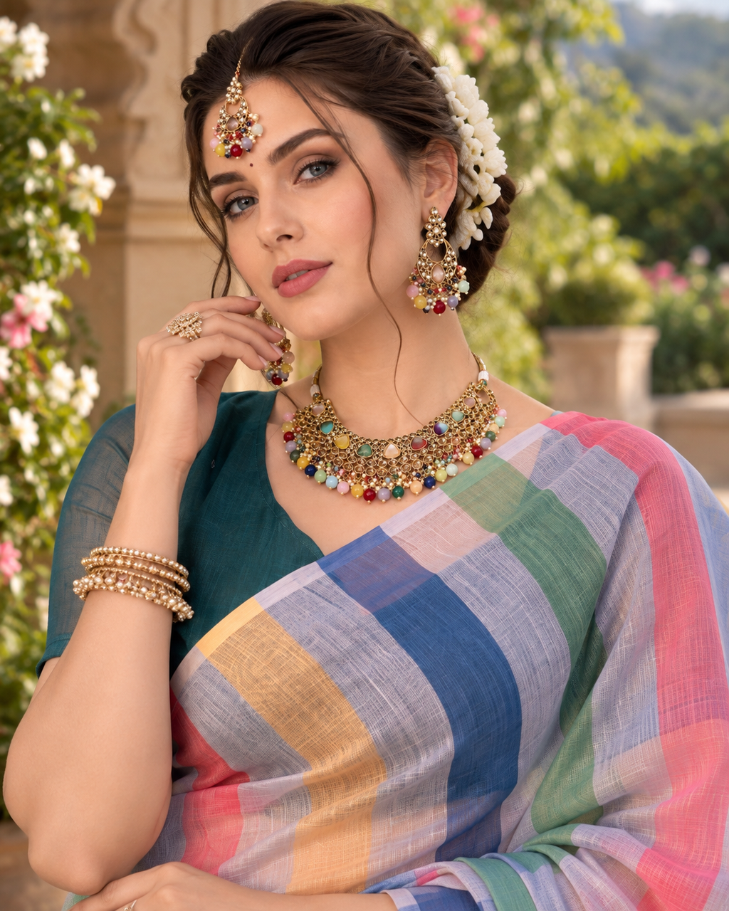 Multicolor Pastel Rainbow Striped Linen Saree
