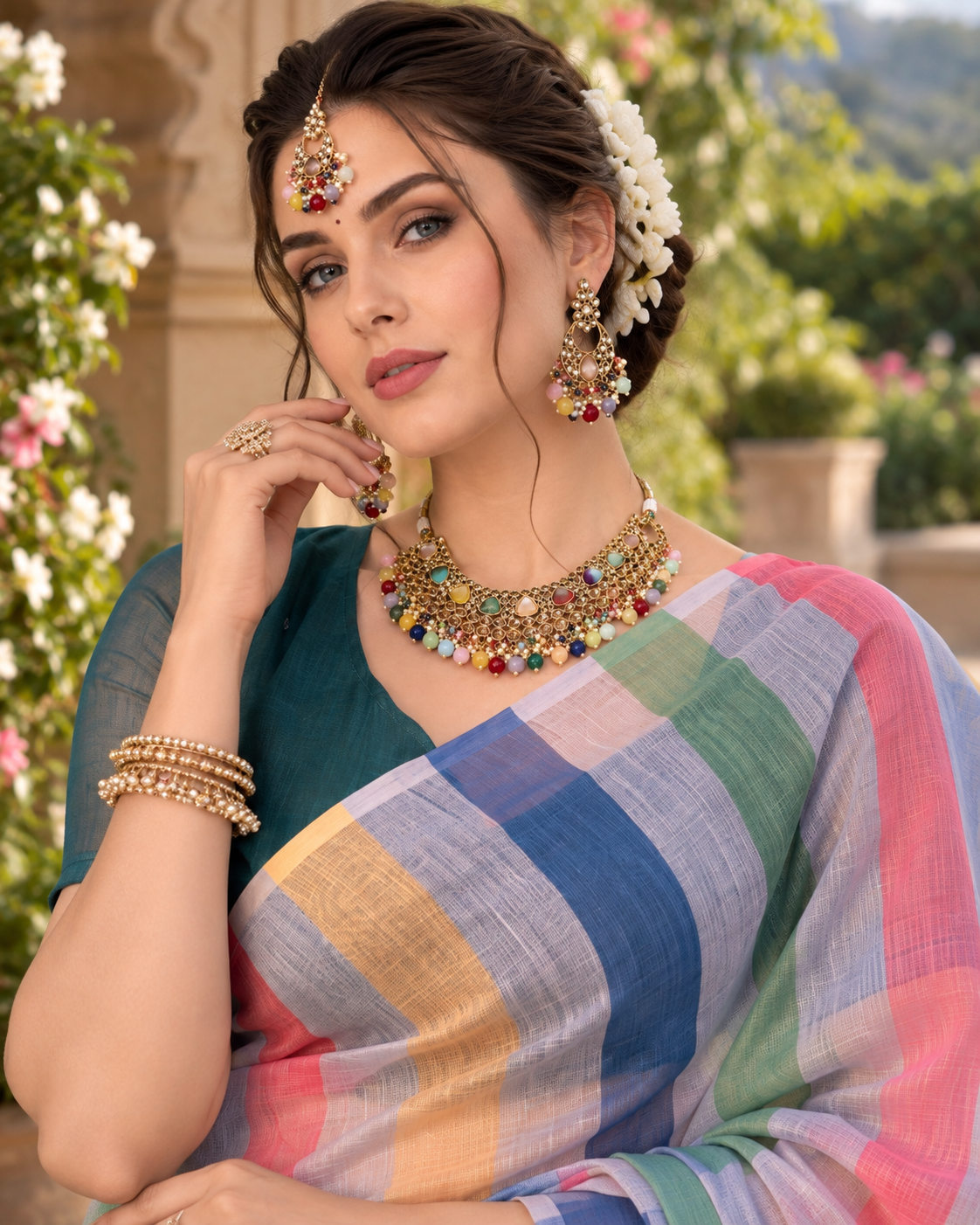 Multicolor Pastel Rainbow Striped Linen Saree