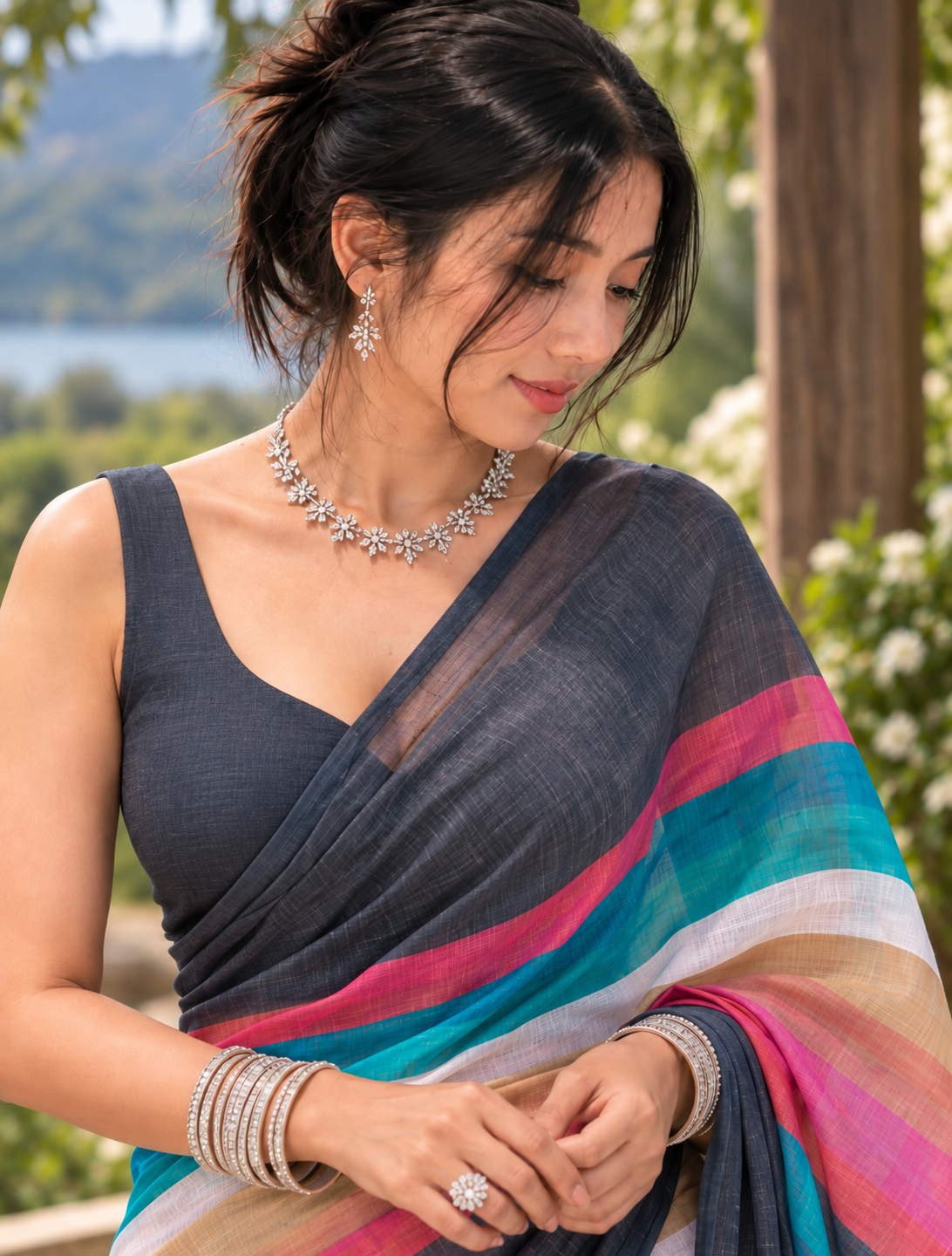 Charcoal Black & Teal Multi-Tone Striped Linen Saree