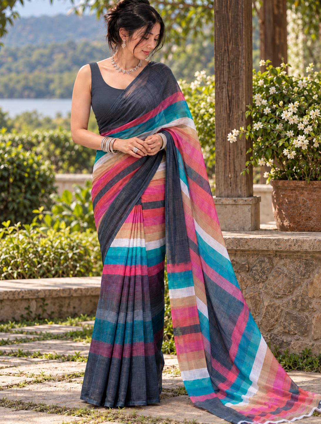 Charcoal Black & Teal Multi-Tone Striped Linen Saree