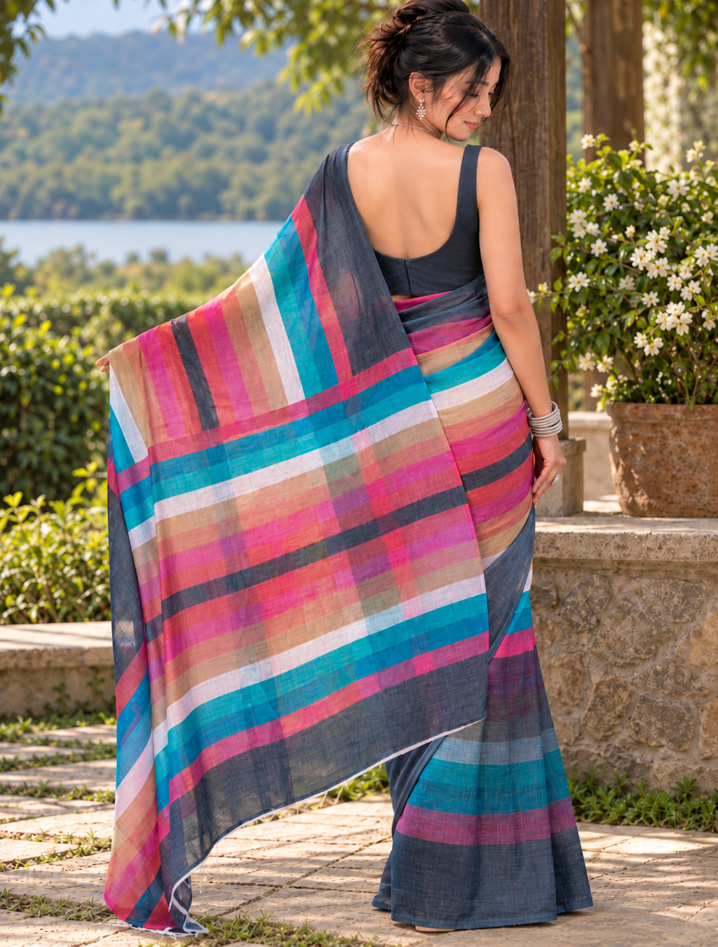 Charcoal Black & Teal Multi-Tone Striped Linen Saree