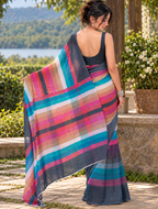 Charcoal Black & Teal Multi-Tone Striped Linen Saree