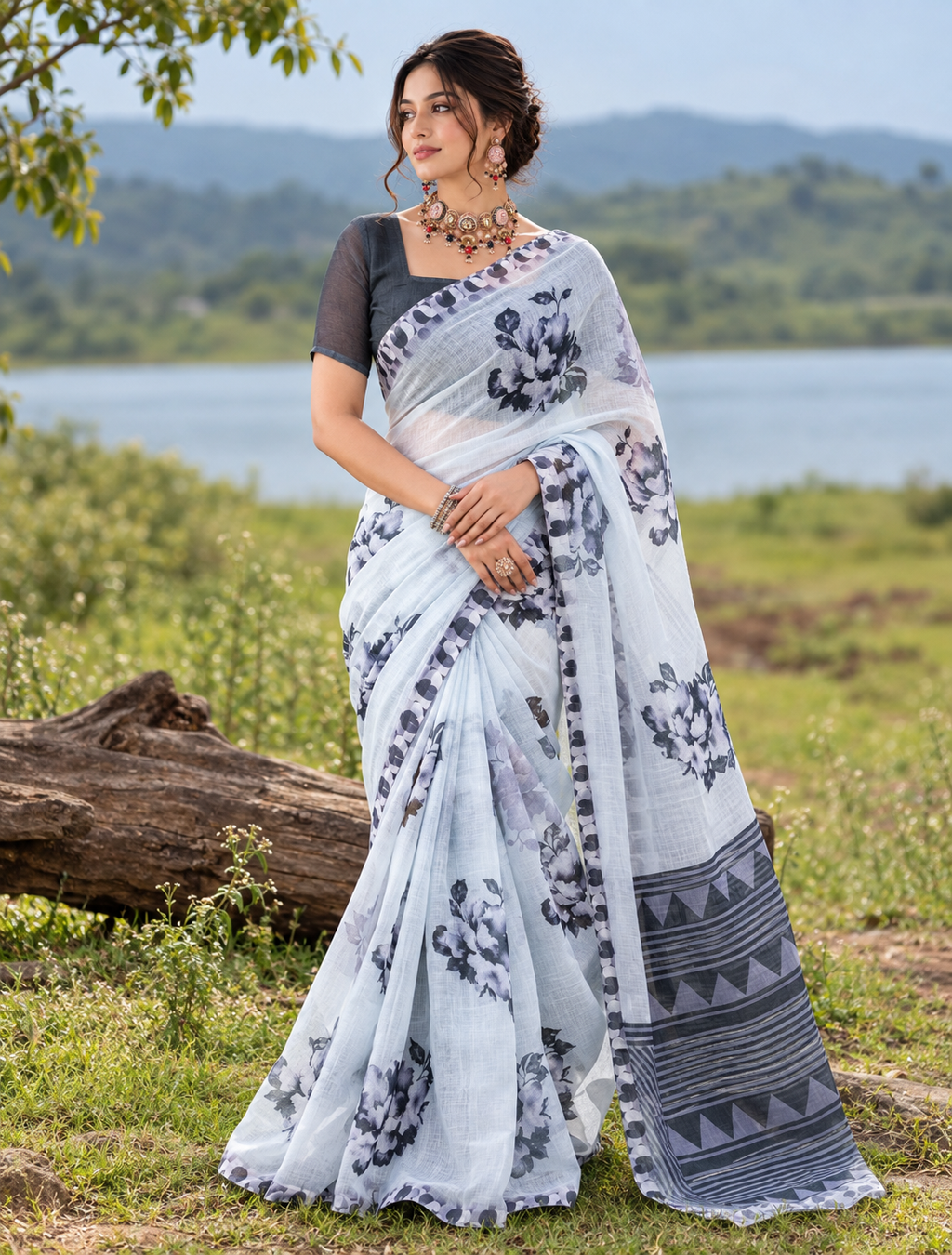 Ice Blue Dramatic Charcoal Peony Linen Saree