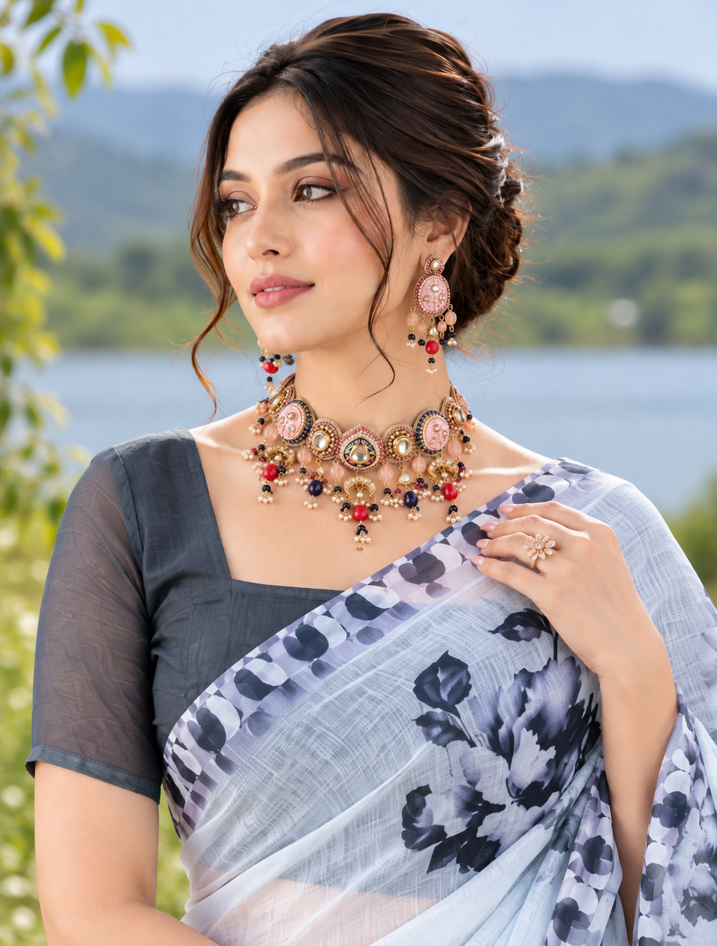 Ice Blue Dramatic Charcoal Peony Linen Saree