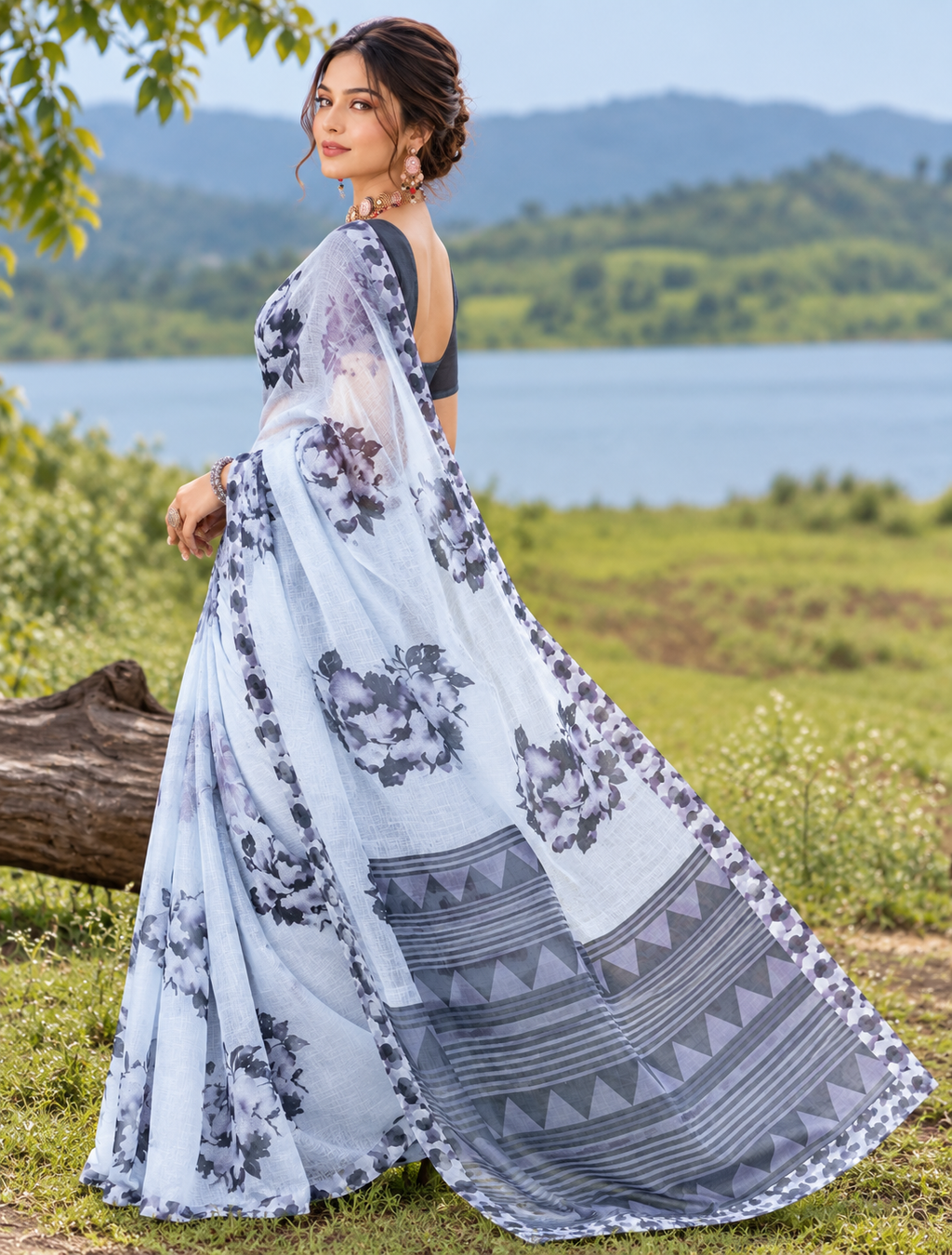 Ice Blue Dramatic Charcoal Peony Linen Saree
