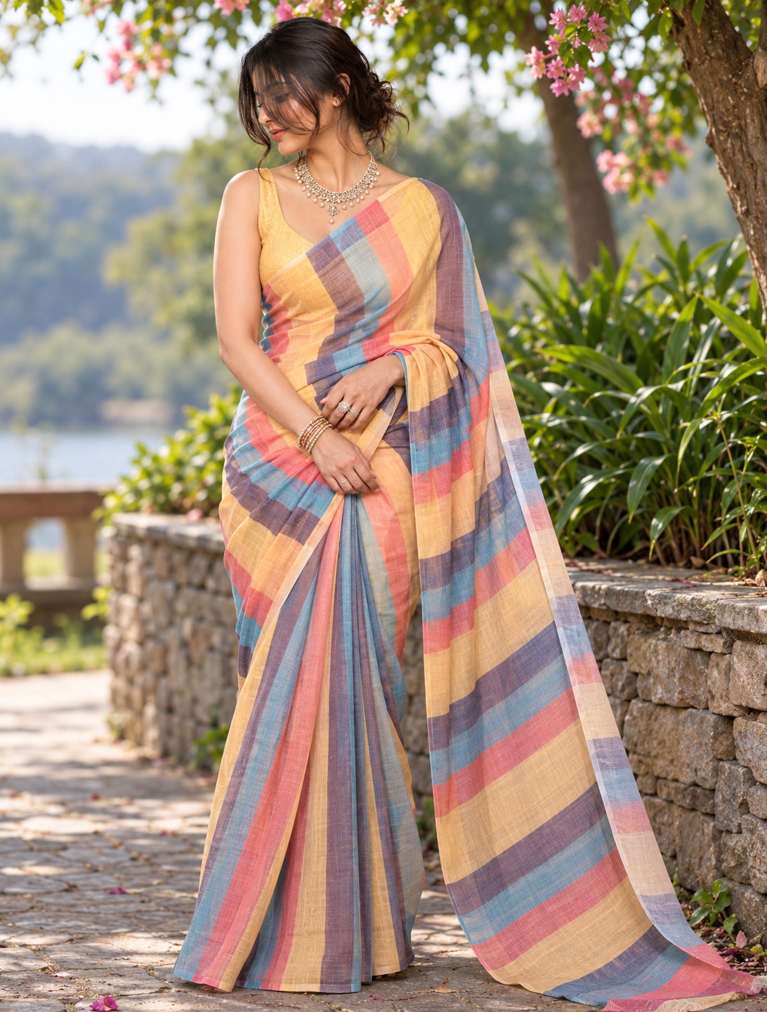 Sunrise Multicolor Pastel Striped Linen Saree