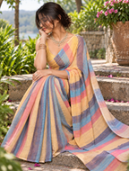 Sunrise Multicolor Pastel Striped Linen Saree