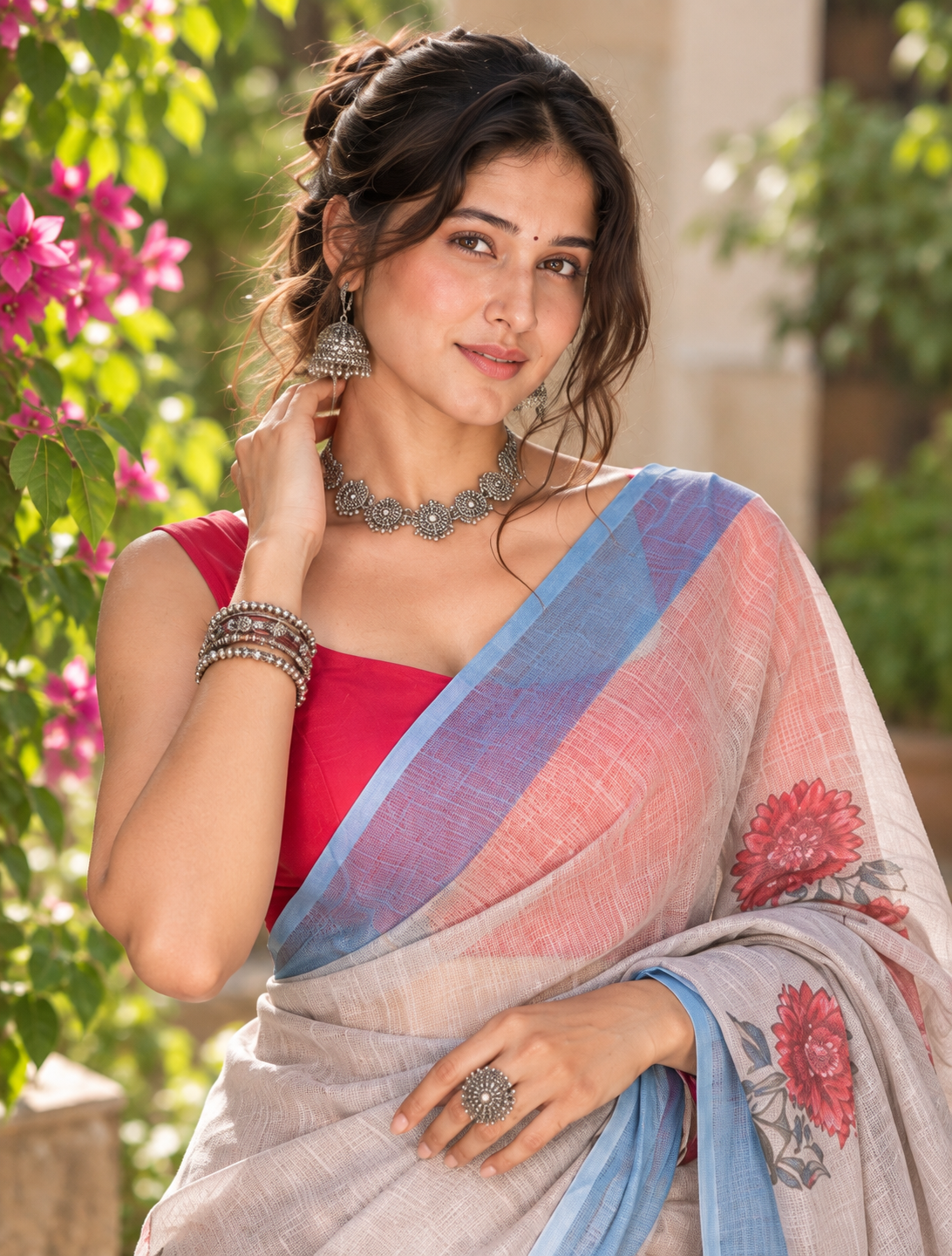 Natural Grey Kalamkari Tribal Spiral Motif Linen Saree