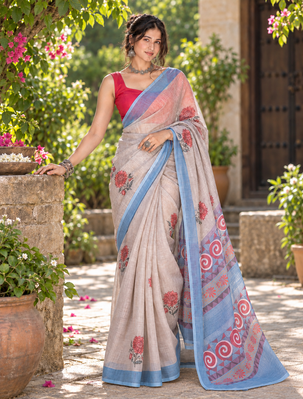 Natural Grey Kalamkari Tribal Spiral Motif Linen Saree