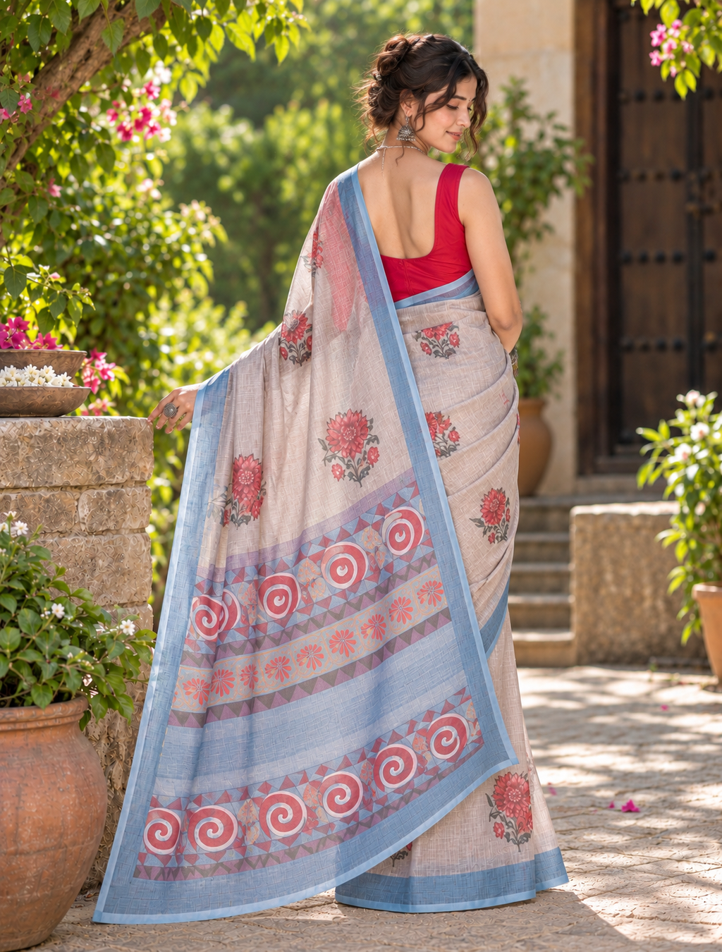 Natural Grey Kalamkari Tribal Spiral Motif Linen Saree