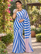 Cobalt Blue & White Bold Diagonal Striped Linen Saree