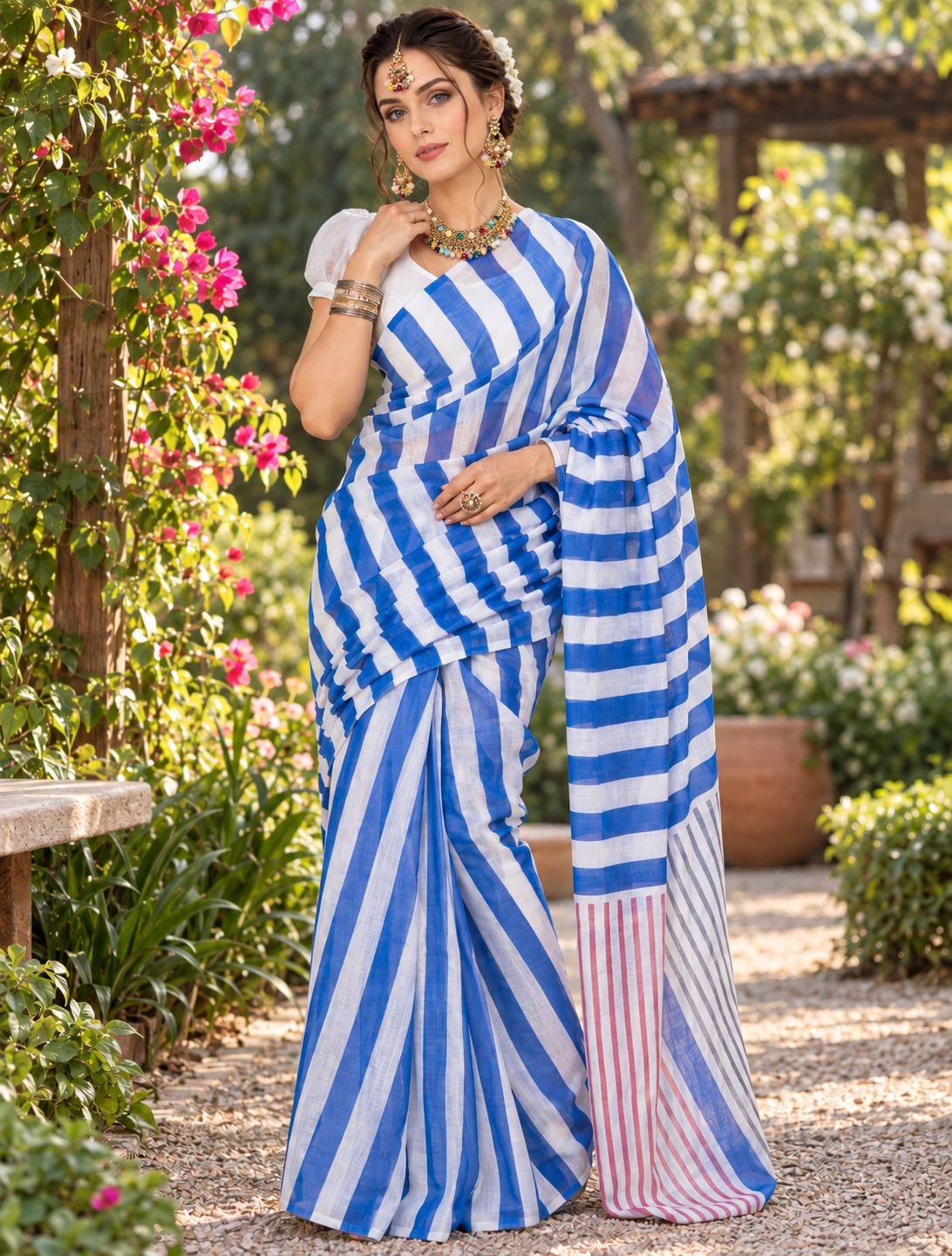 Cobalt Blue & White Bold Diagonal Striped Linen Saree