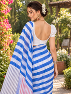 Cobalt Blue & White Bold Diagonal Striped Linen Saree
