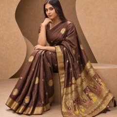 Deep Coffee Brown Silk Saree with Swan Butta