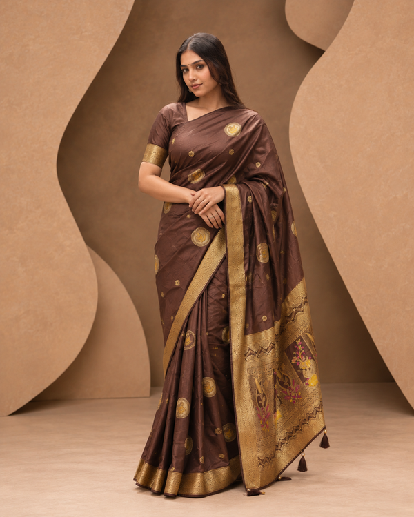 Deep Coffee Brown Silk Saree with Swan Butta
