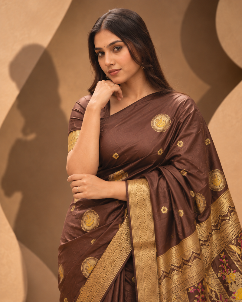 Deep Coffee Brown Silk Saree with Swan Butta