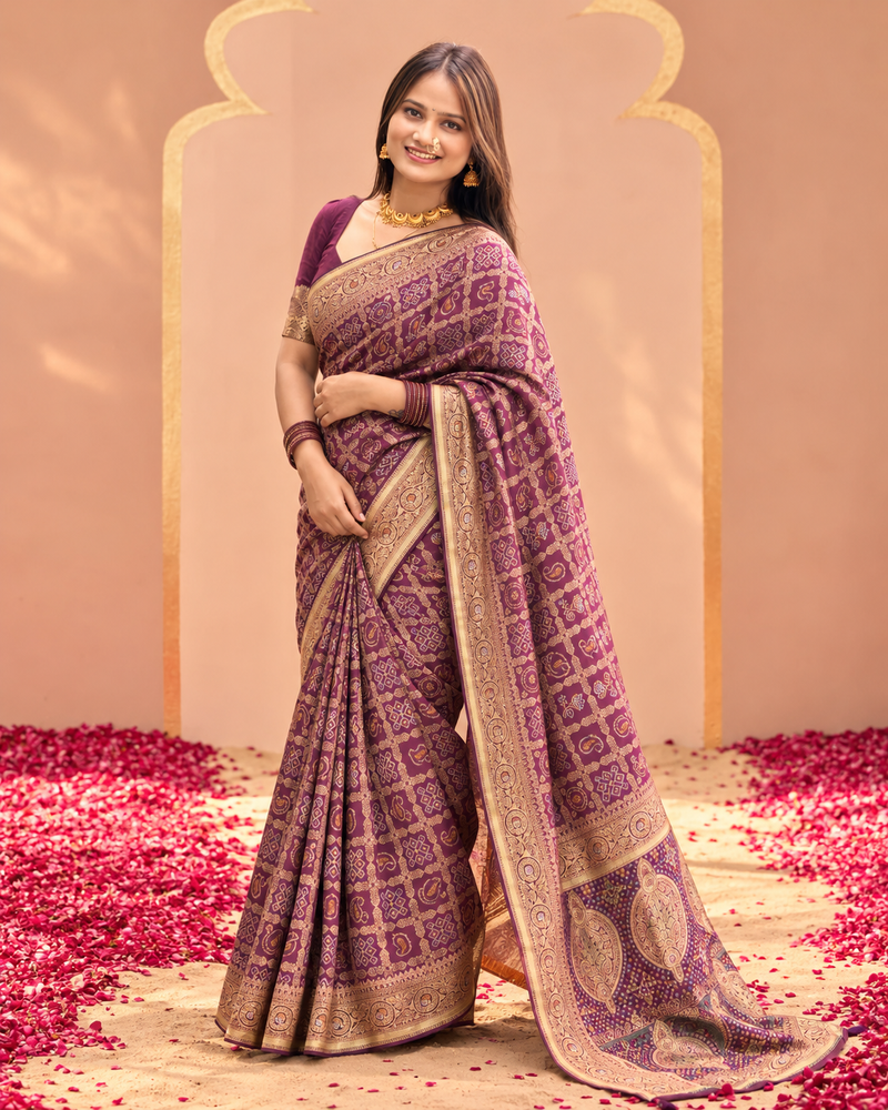 Wine Plum Bandhej Weave Silk Saree
