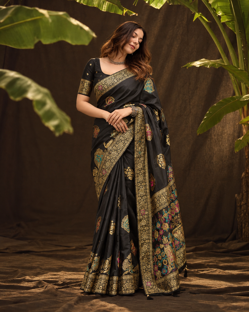 Black Woven Silk Saree with Peacock Zari Border