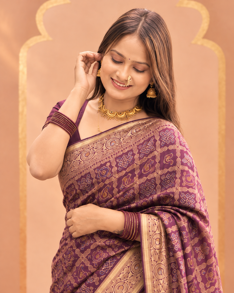 Wine Plum Bandhej Weave Silk Saree