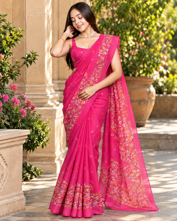 Rani Pink Kalamkari Flora Chanderi Saree