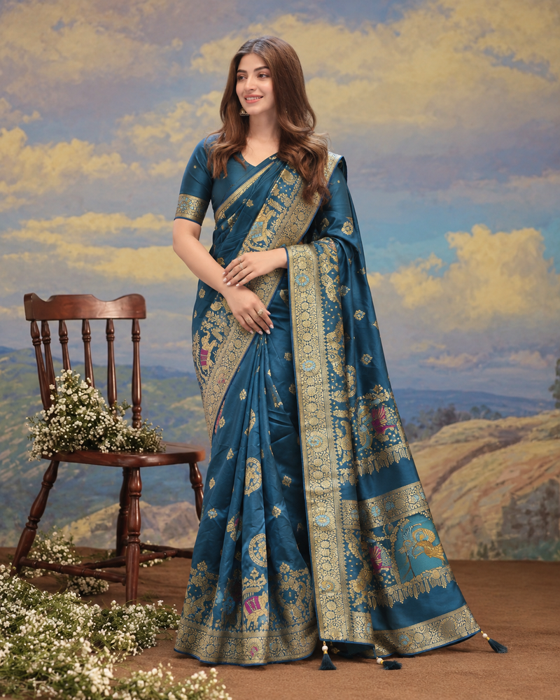 Peacock Teal Blue Zari Woven Silk Saree