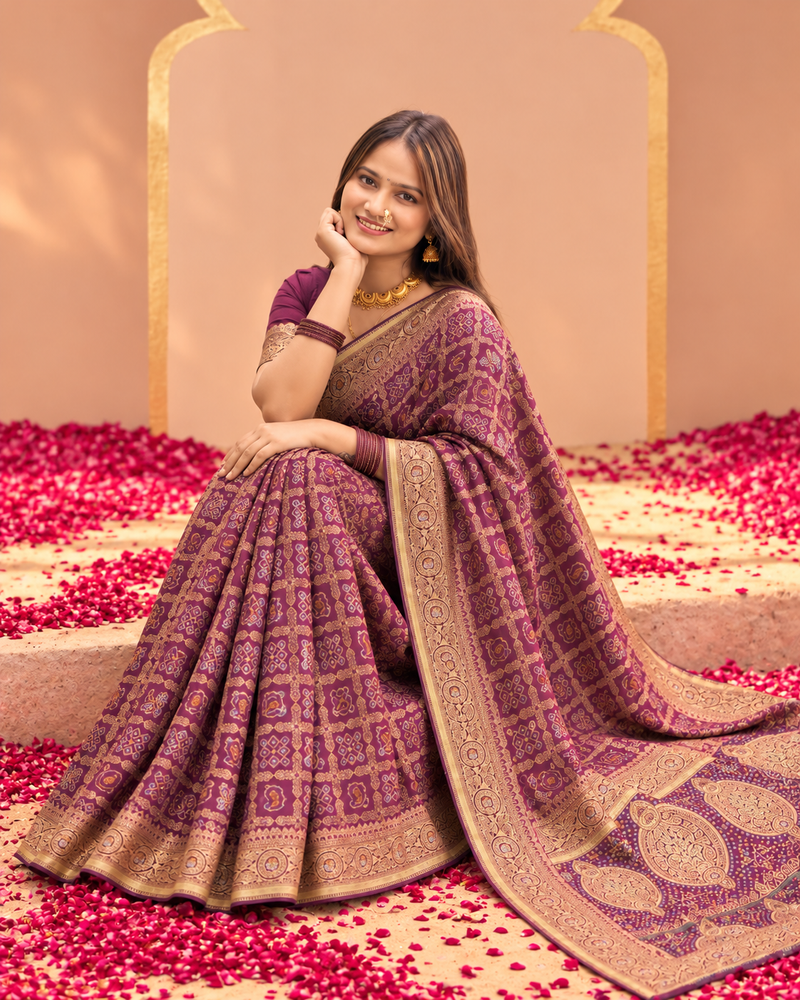 Wine Plum Bandhej Weave Silk Saree