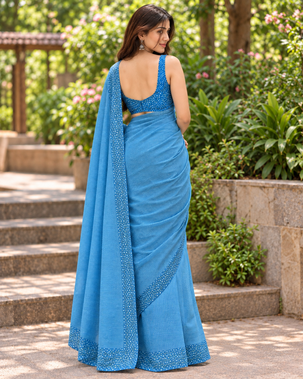 Ocean Blue Fine Leheriya Striped Linen Saree